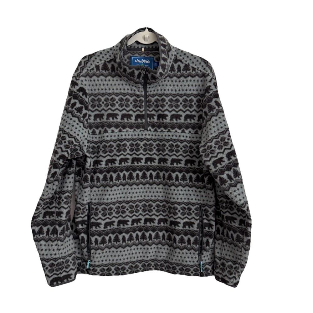 Chubbies Sweater Men Large Gray Nordic Bear Hug Fleece Quarter Zip Pullover Cozy